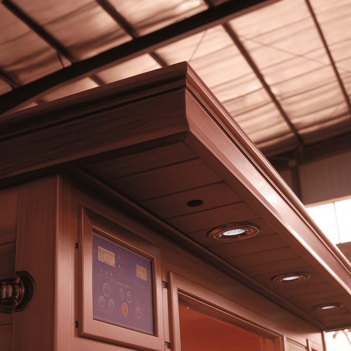 Interior view of SunRay 4-person infrared cedar sauna featuring control panel and overhead lights