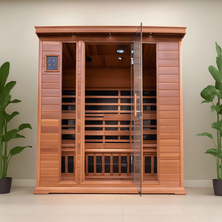 SunRay 4-person infrared cedar sauna with a glass door and wooden interior for relaxation and health