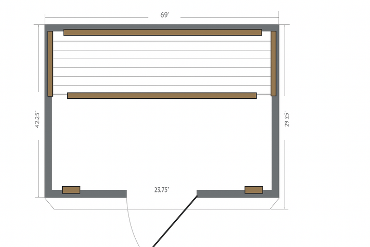 Design blueprint of a 4-person infrared cedar sauna with dimensions and layout