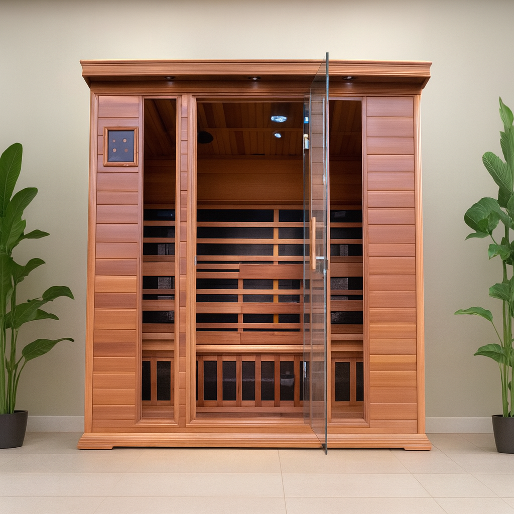 SunRay 4-person infrared cedar sauna with glass door and wooden interior for home relaxation