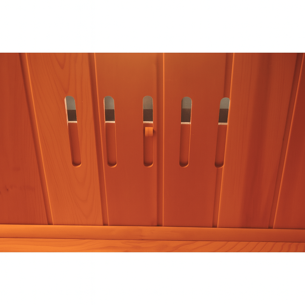 Interior view of SunRay 4-person infrared cedar sauna with wooden slats and ventilation panels