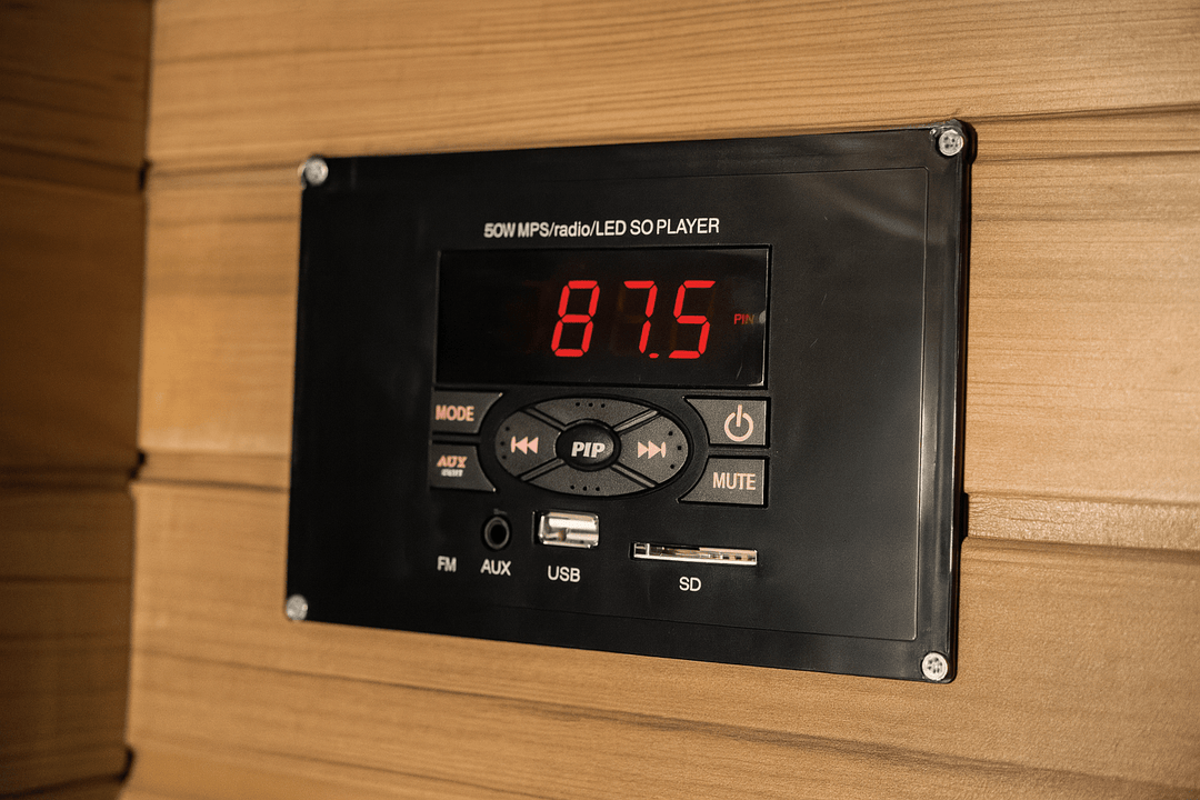 Control panel of 4-person infrared sauna with LED display and audio features for enhanced relaxation