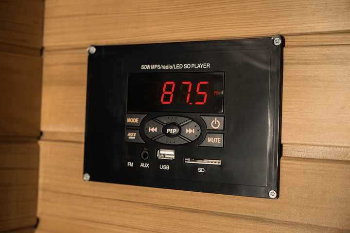 Control panel of 4-person infrared sauna with LED display and audio features for enhanced relaxation