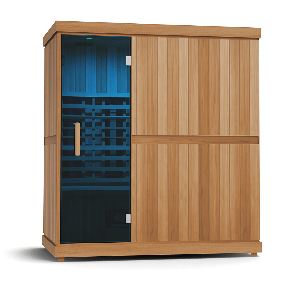 Finnmark 4 person infrared sauna with wooden exterior and spacious interior for relaxing sessions