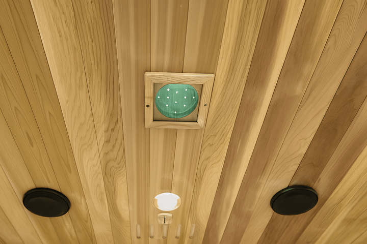 Interior ceiling of a SunRay 4-person infrared sauna featuring ventilation and lighting fixtures