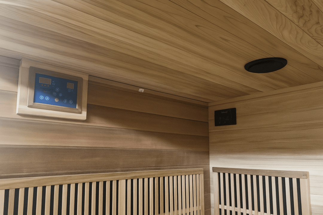 Interior view of SunRay 4-person infrared sauna featuring wood paneling and control panel