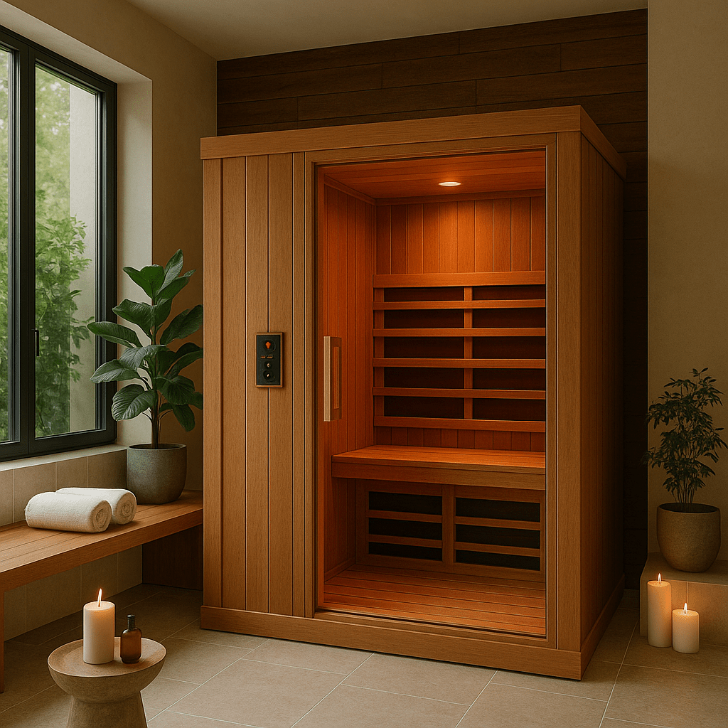 Finnmark 4 person infrared sauna with wooden interior and soft lighting for relaxation