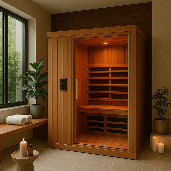 Finnmark 4 person infrared sauna with wooden interior and soft lighting for relaxation