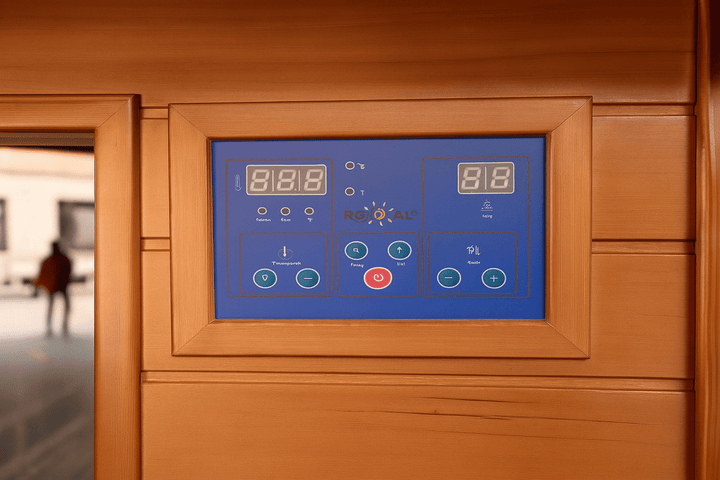 Control panel of a 4-person infrared sauna with digital display settings for temperature and time control