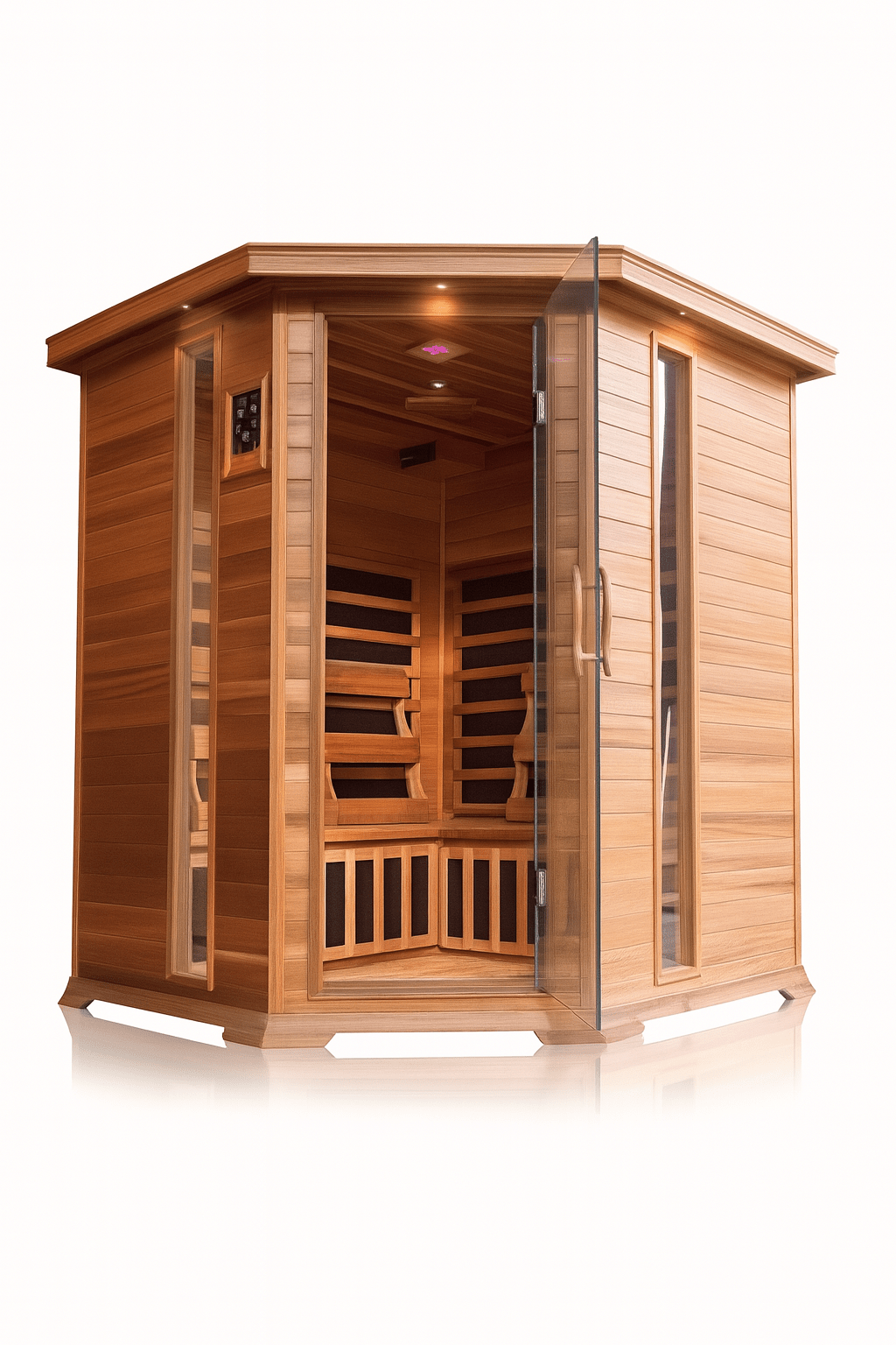SunRay 4-person infrared sauna with luxurious wooden design and a glass door for relaxation