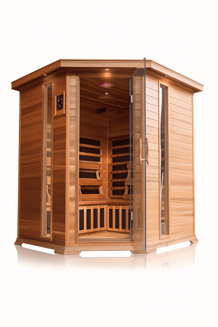 SunRay 4-person infrared sauna with luxurious wooden design and a glass door for relaxation