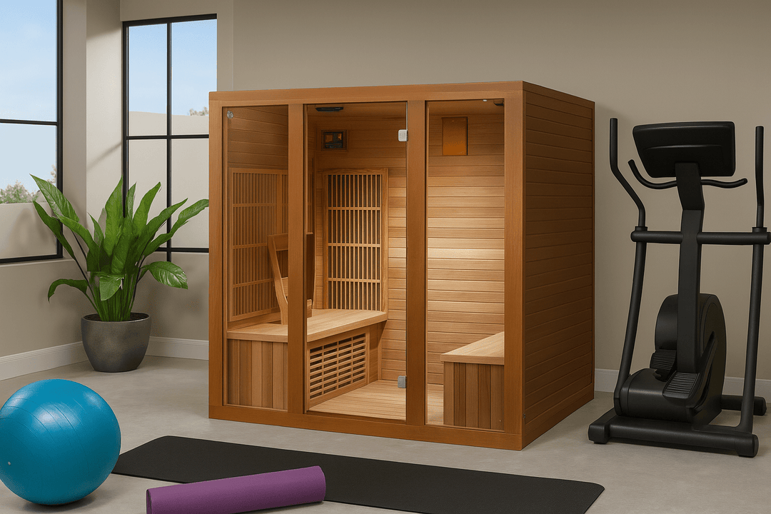 SunRay 4-person infrared sauna featuring a wooden design, perfect for home wellness and relaxation