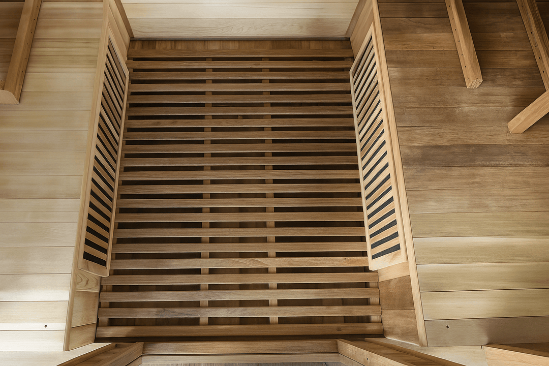 Interior view of a SunRay 4-person infrared sauna showing wooden slats and warm wood tones
