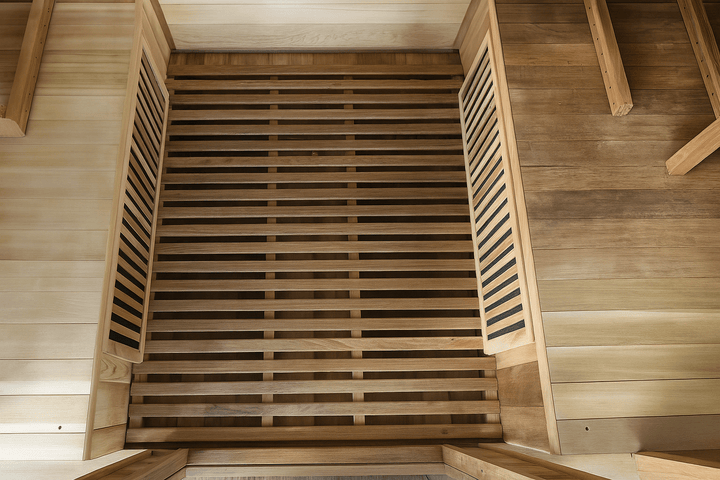 Interior view of a SunRay 4-person infrared sauna showing wooden slats and warm wood tones