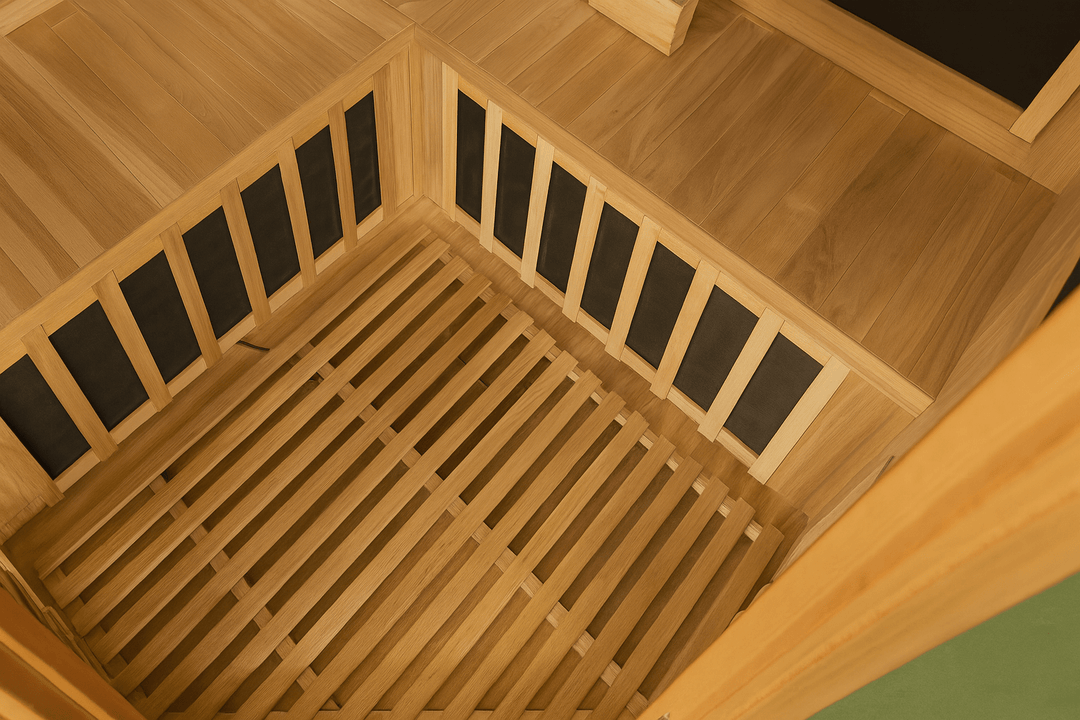 Interior view of SunRay 4-person infrared sauna showcasing wooden slatted bench and panel design