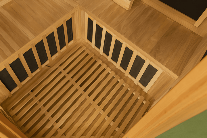 Interior view of SunRay 4-person infrared sauna showcasing wooden slatted bench and panel design
