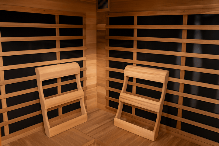 Interior of SunRay 4-person infrared sauna featuring wooden benches and slatted walls for comfort