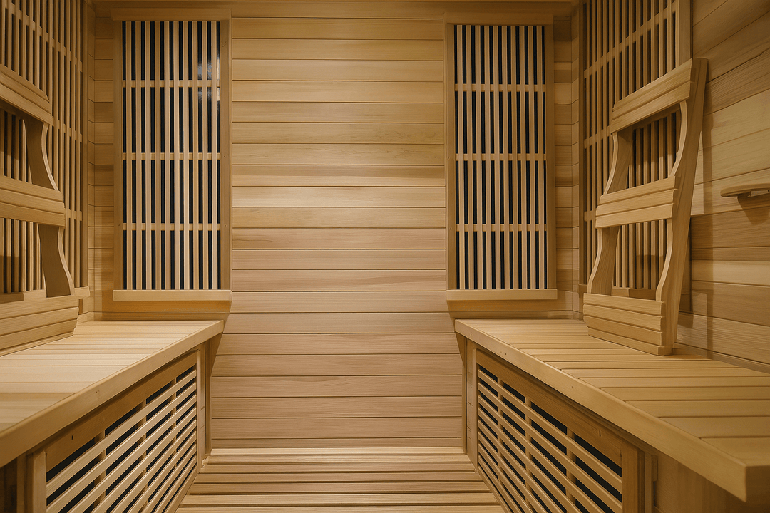 Spacious interior of a 4-person infrared sauna with wooden benches and elegant wood paneling