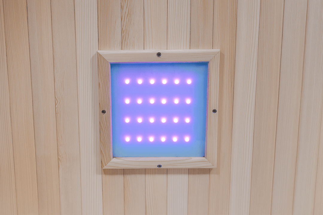LED light panel inside SunRay 4-person infrared sauna for enhanced relaxation and wellness