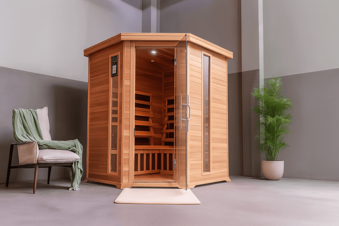 SunRay 4-person infrared sauna featuring a spacious design and wooden construction for relaxation at home