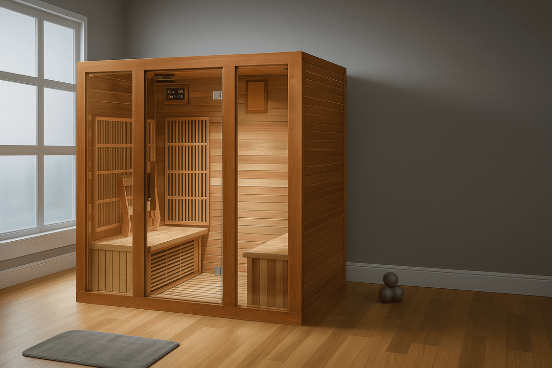 SunRay 4-person infrared sauna with glass doors and wooden interior for relaxation and wellness