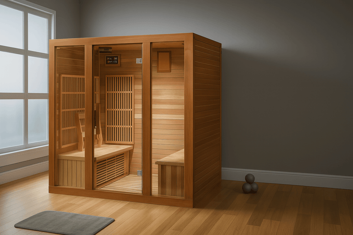 SunRay 4-person infrared sauna with glass doors and wooden interior for relaxation and wellness