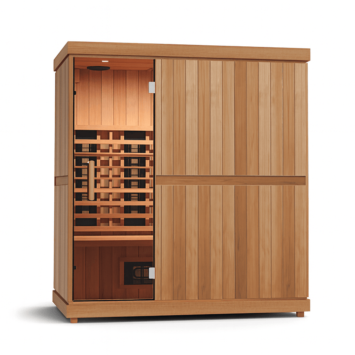 Finnmark 4 person infrared sauna featuring natural wood finish and spacious interior for relaxation