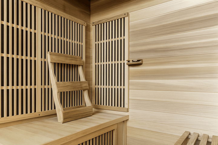SunRay 4-person infrared sauna interior with wooden benches and slatted walls for relaxation