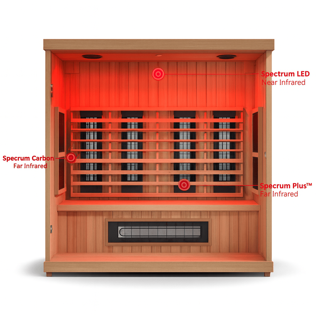 Finnmark 4 person infrared sauna featuring Spectrum Carbon and LED near infrared heating for relaxation