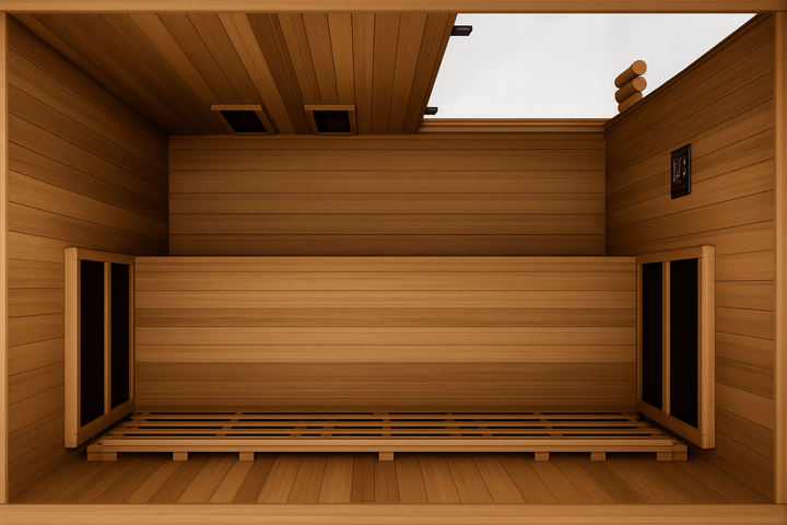 Finnmark 4 person infrared sauna interior view featuring wooden benches and natural wood finish