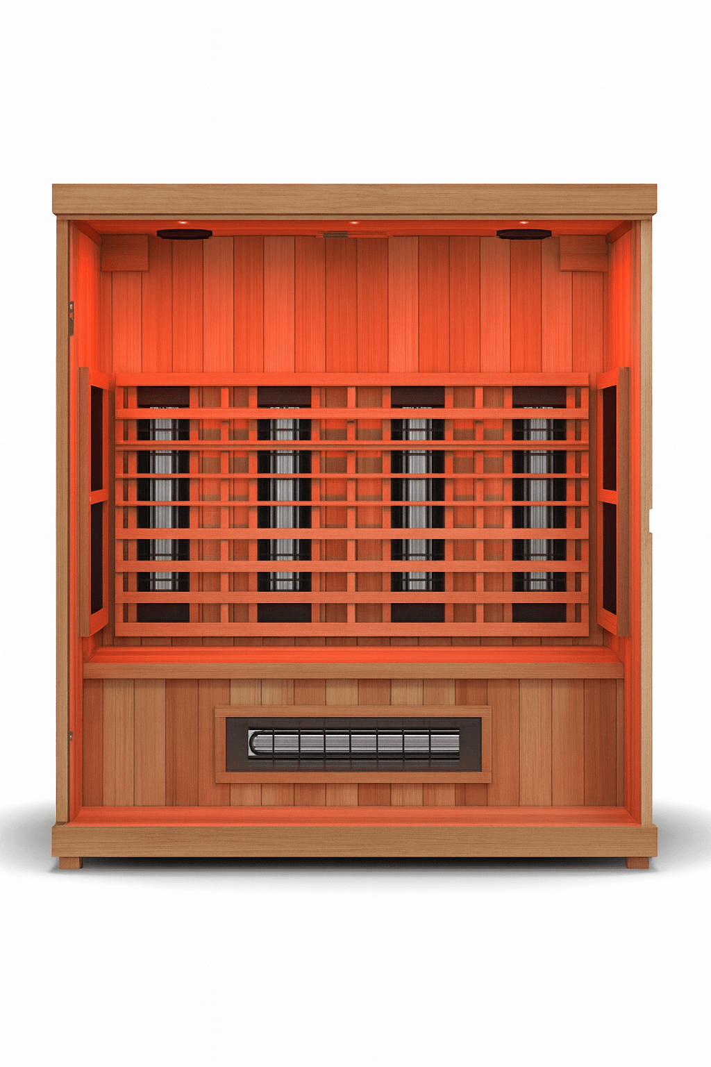 Finnmark 4 person infrared sauna featuring wooden construction and multiple heating panels for relaxation