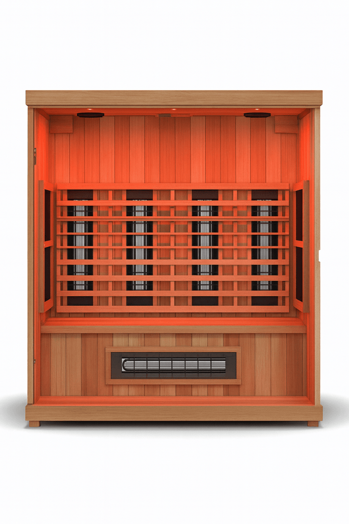 Finnmark 4 person infrared sauna featuring wooden construction and multiple heating panels for relaxation