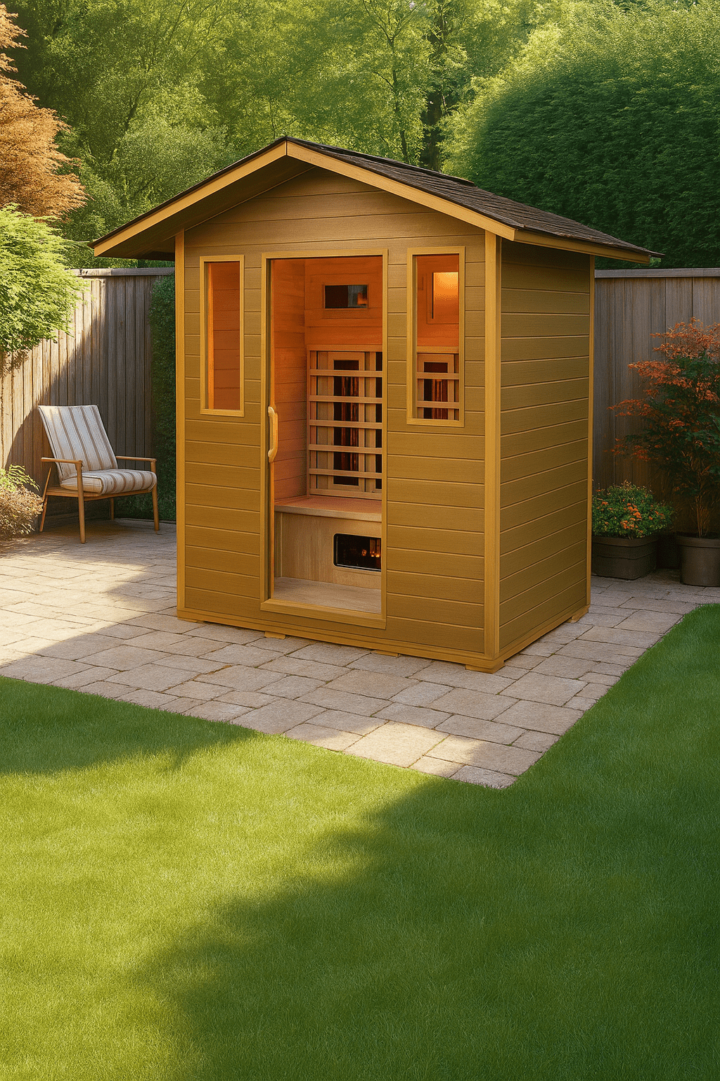 SunRay 4 person outdoor infrared sauna in a backyard setting with a cozy design