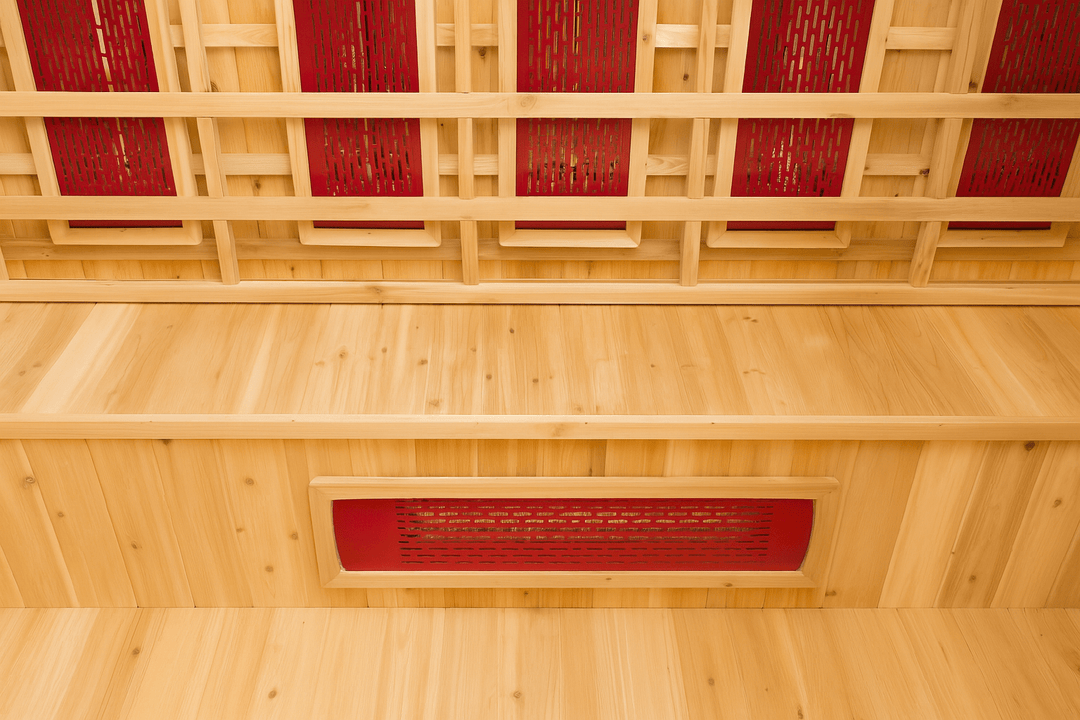 Interior view of SunRay 4 person outdoor infrared sauna with wooden benches and red heating panels