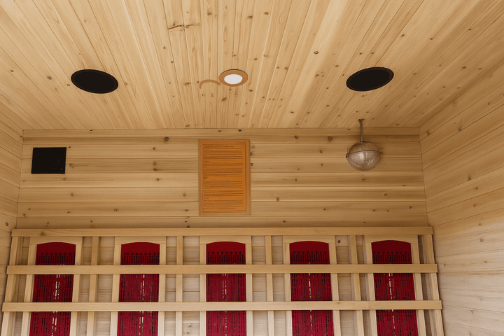 Interior view of a SunRay 4 person outdoor infrared sauna featuring red heating panels and natural wood finish