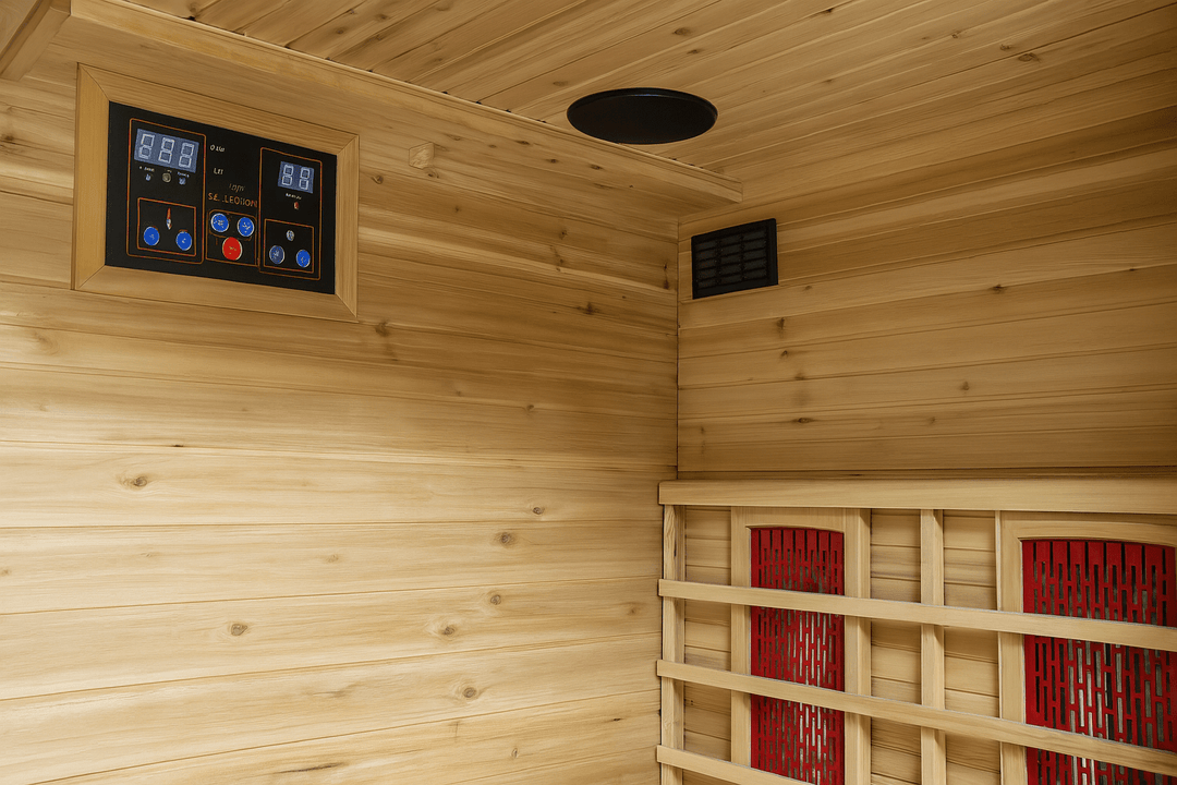 Interior of SunRay 4 person outdoor infrared sauna featuring digital control panel and wooden finish