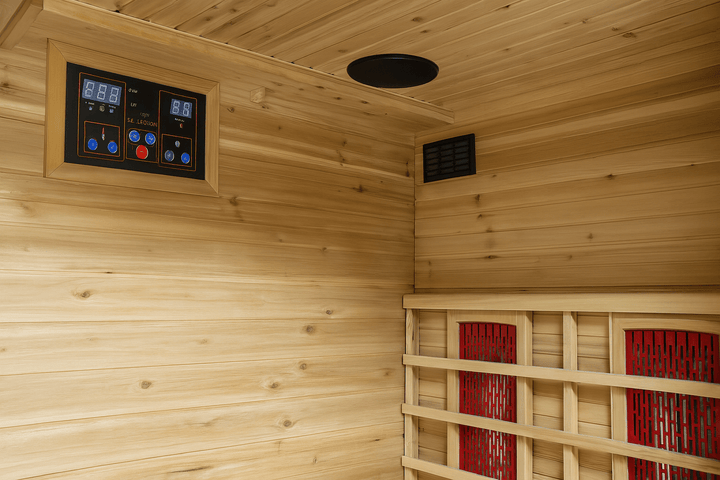 Interior of SunRay 4 person outdoor infrared sauna featuring digital control panel and wooden finish