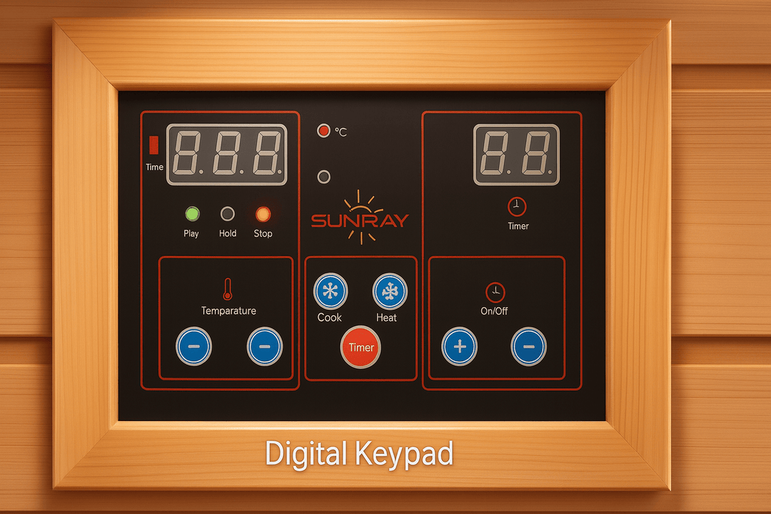 SunRay infrared sauna digital keypad with temperature and timer controls for 4 person outdoor infrared sauna