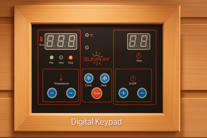 SunRay infrared sauna digital keypad with temperature and timer controls for 4 person outdoor infrared sauna