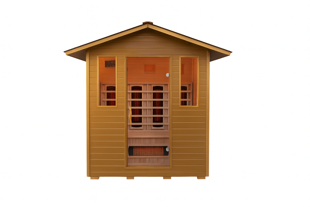 SunRay 4 person outdoor infrared sauna with a wooden exterior and large windows for relaxing wellness sessions