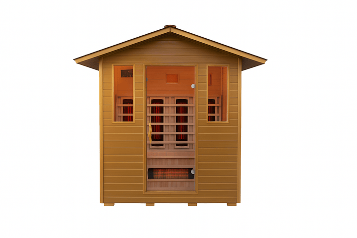 SunRay 4 person outdoor infrared sauna with a wooden exterior and large windows for relaxing wellness sessions