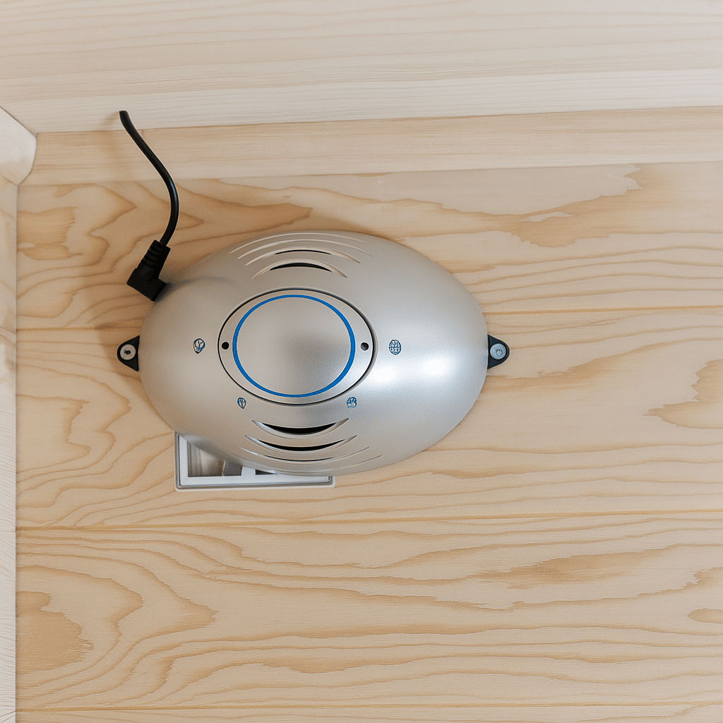 Interior view of SunRay 4 person outdoor infrared sauna with silver heating unit and wooden paneling