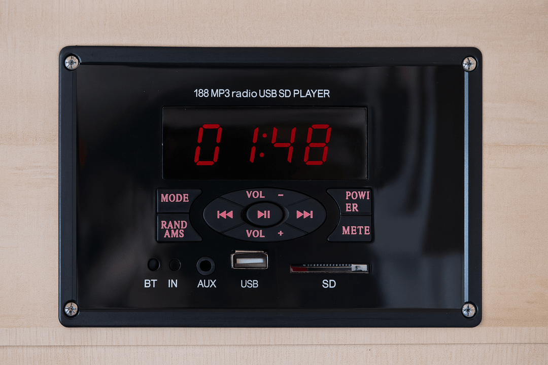 Control panel for SunRay 4 person outdoor infrared sauna with MP3 player and USB connectivity