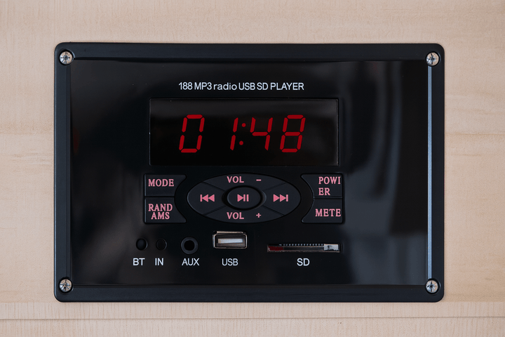 Control panel for SunRay 4 person outdoor infrared sauna with MP3 player and USB connectivity