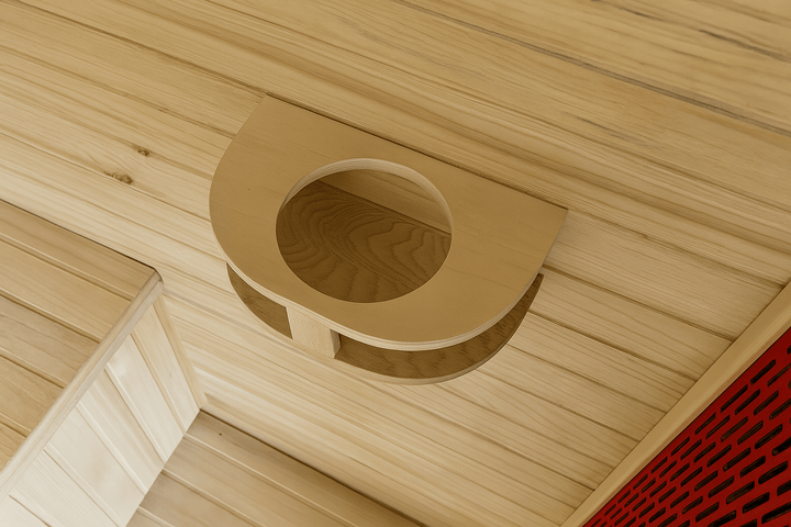 Interior view of SunRay 4 person outdoor infrared sauna featuring a wooden shelf design