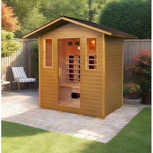 SunRay 4 person outdoor infrared sauna with wooden cabin design and spacious interior for relaxation