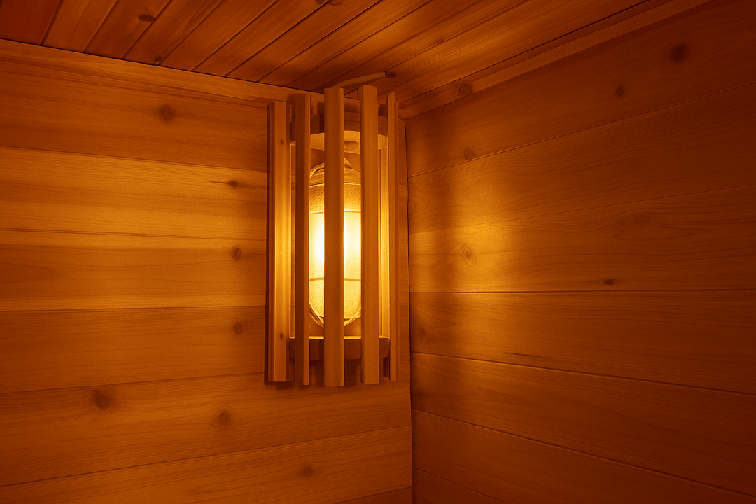 Cozy interior of a SunRay 4-person outdoor sauna featuring warm wooden walls and soft lighting