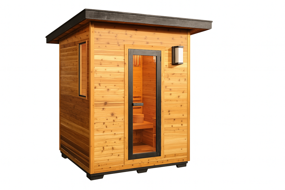 SunRay traditional 4-person outdoor sauna made of wood with glass door and exterior light