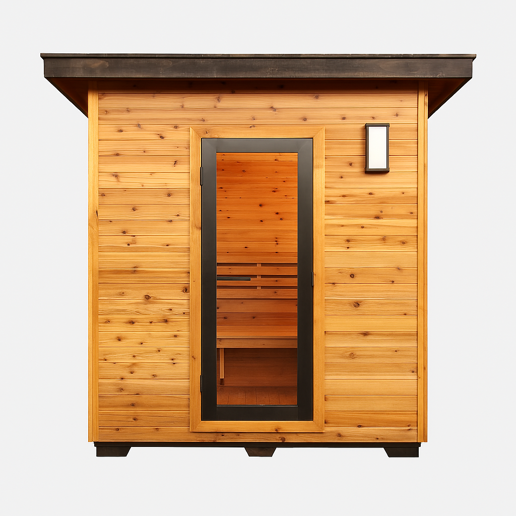 SunRay traditional 4-person outdoor sauna made of natural wood with glass door and exterior light