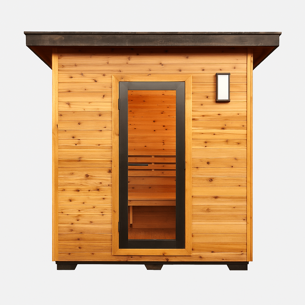 SunRay 4-person outdoor sauna made of natural wood with a sleek glass door and modern design